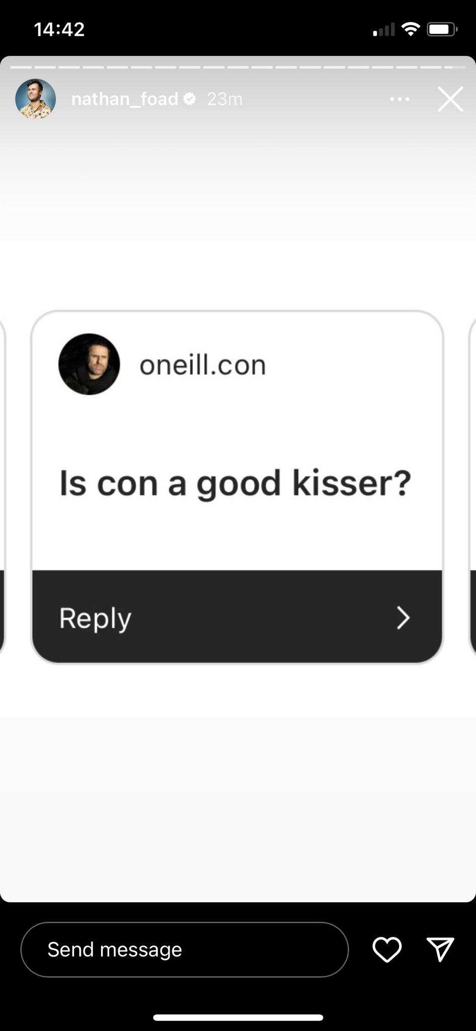 Screenshot of Nathan Foad's stories. Con O'Neill has sent in a question: "Is Con a good kisser?" Nathan leaves him on read.