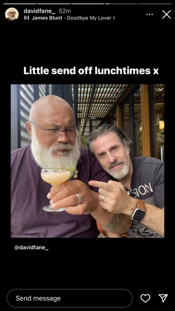 A story from David Fane's Instagram. Text says "Little send off lunchtimes x". He has assigned a song to it, James Blunt's "Goodbye My Lover." Con O'Neill points to David's cocktail drink, which has a sprig of herbs attached to it by a tiny wooden clothespin.