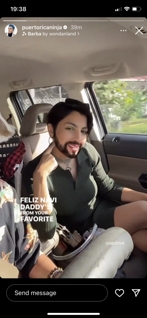 2nd of 2-part screenshot of a video I can't find now. Vico's partner Ane Hernandez sits in the passenger seat making a coy face at the camera. The text continues: "Feliz Navi-Daddy's from your favorite..."