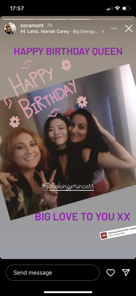 Cora Montalban takes a selfie (making a peace sign) of Ruibo Qian, who is affectionately holding the head of Madeleine Sami, whose head rests of Ruibo's shoulder. Text reads: "Happy birthday queen. Big love to you xx"
