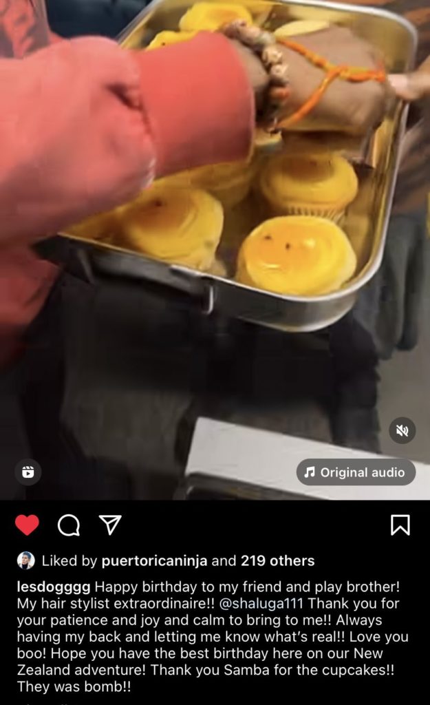Leslie Jones posted to her Instagram (and then promptly deleted it). It's a tray of orange cupcakes. Text says: "Happy birthday to my friend and play brother! My hair stylist extraordinaire!! @shaluga111 Thank you for your patience and joy and calm to bring me!! Always having my back and letting me know what's real!! Love you boo! Hope you have the best birthday here on our New Zealand adventure! Thank you Samba for the cupcakes!! They was bomb!!"