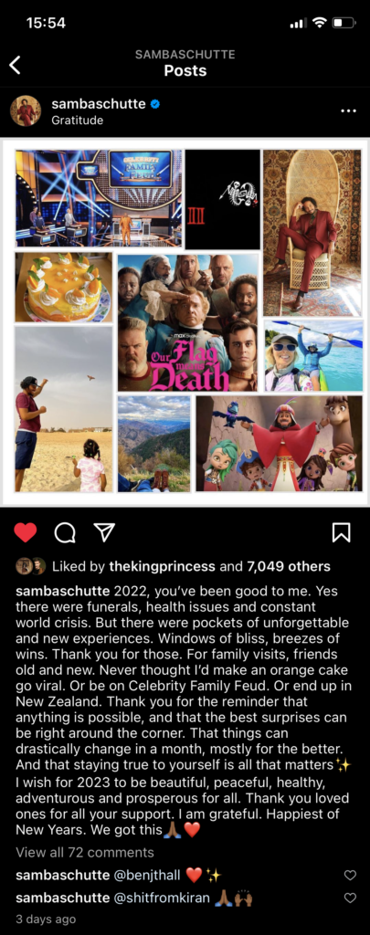 Samba posts a collage of his 2022 memories. Text reads: "2022, you’ve been good to me. Yes there were funerals, health issues and constant world crisis. But there were pockets of unforgettable and new experiences. Windows of bliss, breezes of wins. Thank you for those. For family visits, friends old and new. Never thought I’d make an orange cake go viral. Or be on Celebrity Family Feud. Or end up in New Zealand. Thank you for the reminder that anything is possible, and that the best surprises can be right around the corner. That things can drastically change in a month, mostly for the better. And that staying true to yourself is all that matters✨ I wish for 2023 to be beautiful, peaceful, healthy, adventurous and prosperous for all. Thank you loved ones for all your support. I am grateful. Happiest of New Years. We got this🙏🏾❤️"
