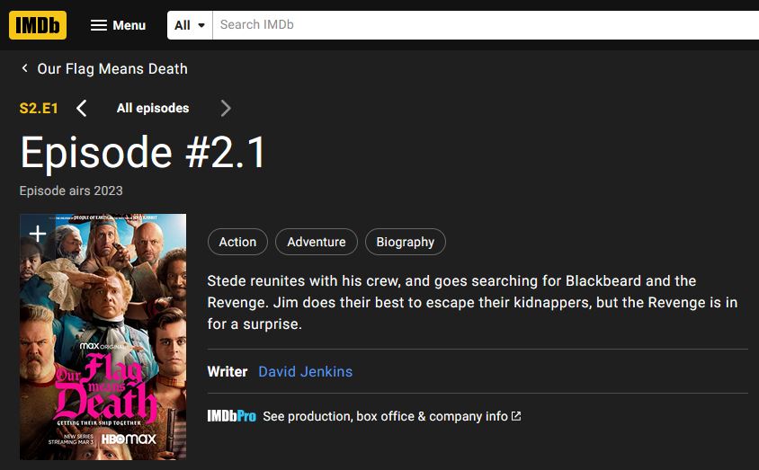 A plot found for season 2, episode 1 on IMDB. "Stede reunites with his crew, and goes searching for Blackbeard and the Revenge. Jim does their best to escape their kidnappers, but the Revenge is in for a surprise."