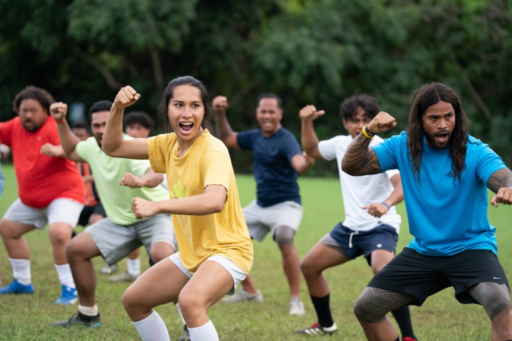 Screenshot from "Next Goal Wins." The rugby team appear to be performing a haka.