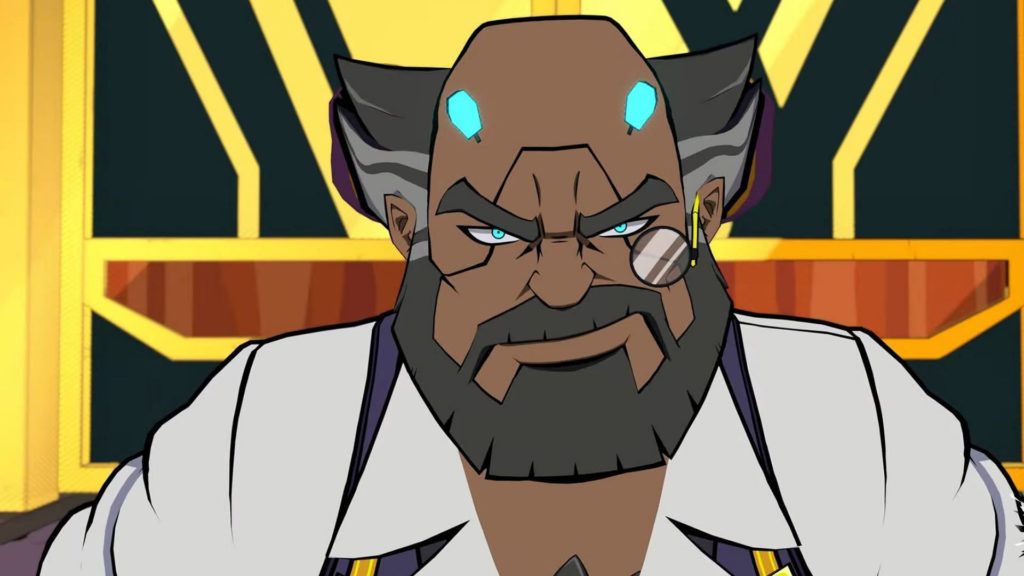 The villain Roquefort, a stout, short darker-skinned male-presenting person, balding and with a full beard. He is smirking and wearing a monocle. He also seems to have blue glowing tech embedded in his head.
