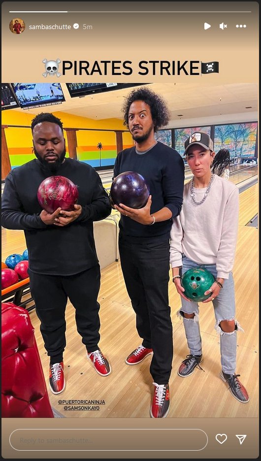 Samson, Samba, and Vico stand together in in a bowling alley, lanes behind them, each holding bowling balls and looking quite serious. Text reads: "☠️Pirates strike🏴‍☠️"